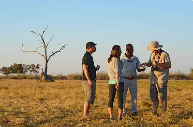 Small group of travelers on a guided safari walk with their guide