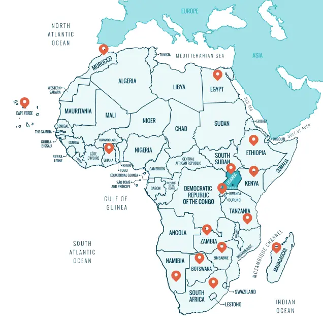 Illustrated map of Africa marking Aventra's travel destinations